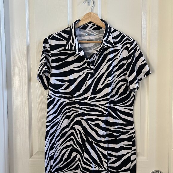 IBKUL Animal Print Collar Short Sleeve Dress White/Black Golf Zebra SZL UPF 50+ - Picture 3 of 8
